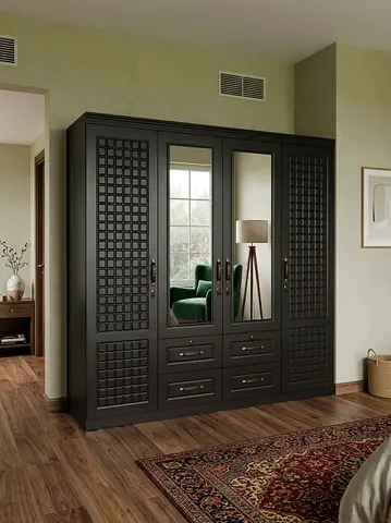 Large Dark Wood Wardrobe with Mirrored Center and Drawers