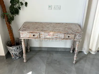 Vintage distressed wooden console table with two drawers