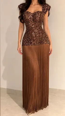 Brown sequined evening gown with pleated, size unknown
