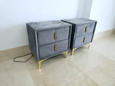 Pair of Grey Velvet Bedside Nightstands with Brass Legs and Handles