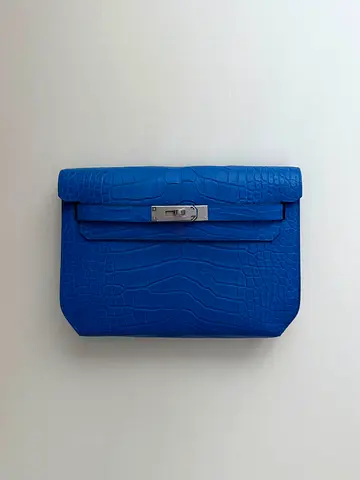 Blue Croc-Embossed Leather Clutch Bag with Silver Hardware