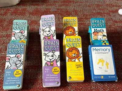 Set of 8 Brain Quest flash card decks + Memory matching game — preschool/kindergarten