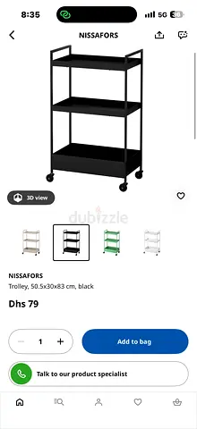 Black 3-Tier Rolling Trolley - IKEA NISSAFORS Style, 50x30x83 cm