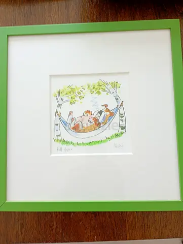 Framed Cute Illustration of Dog Relaxing in Hammock — Green Frame