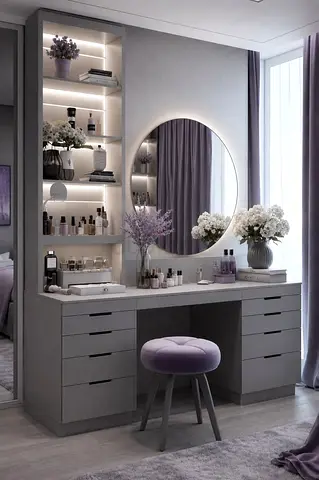 Modern Grey Built-in Vanity Table with Shelves and Round Mirror