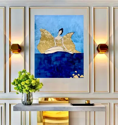 Original Gold-Accent Figurative Painting on Canvas — Blue & Gold