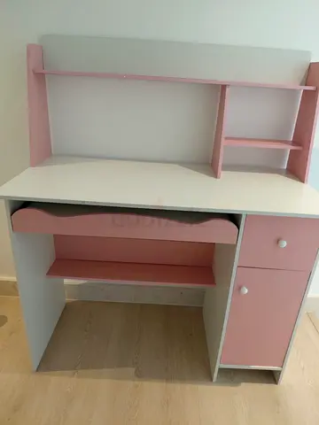 White and Pink Kids Study Desk with Shelves and Drawer