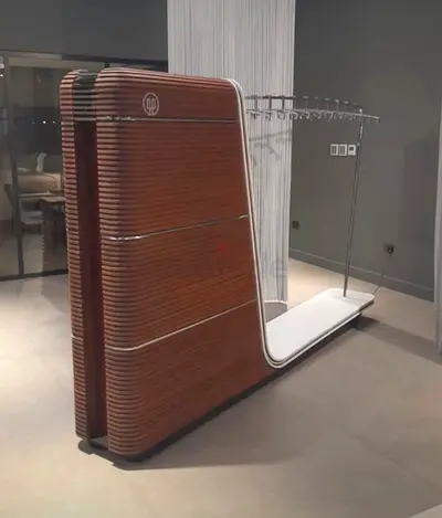 Designer Clothing Display Rack – Wood Finish & Chrome Details