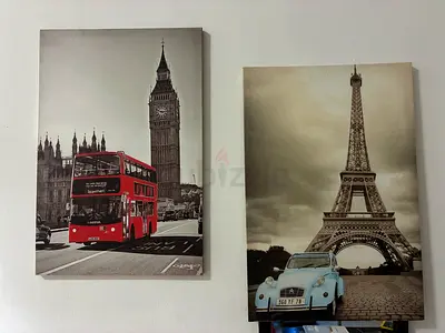 London Bus & Eiffel Tower Set of 2 Vintage-Style Canvas wall art