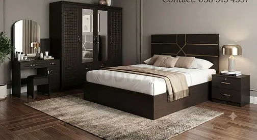 Dark Wood 5-Piece Bedroom Set with Bed, Wardrobe, Dresser & Nightstand