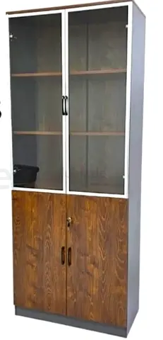 Tall wooden display cabinet with glass upper doors and lockable lower storage