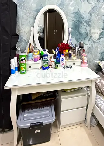 White ss bed ikea and Wooden Dressing Table with Mirror and Drawers