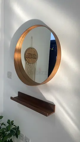 Round Wooden Framed Wall Mirror with Small Shelf - Good Condition