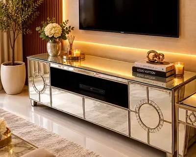 Mirrored TV Console Cabinet with Decorative Rings - Elegant Entertainment Unit