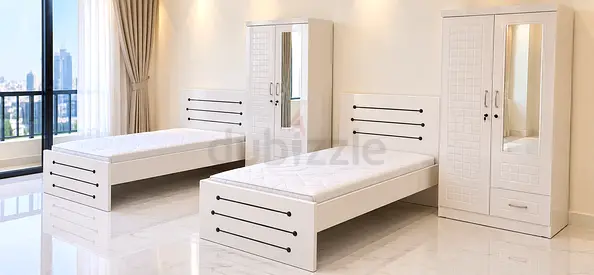New Two Single Beds with Mattresses and Matching Wardrobes — White Set