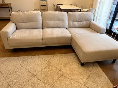 Light beige 3-seater sofa with chaise (right-facing) - good condition, bought from Home Centre