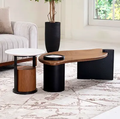 Modern two-piece wooden coffee table set with black accents