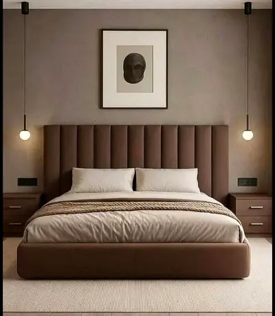 Brown upholstered king-size bed with tall vertical channel headboard