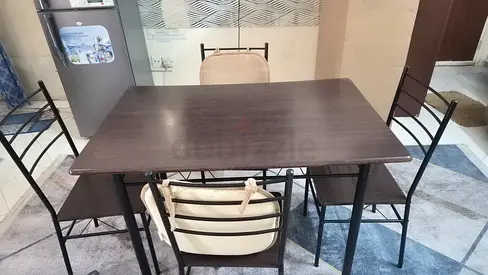 Simple 4-Seater Dining Table with Metal Chairs - Dark Wood Finish