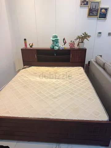 Queen wooden platform bed frame with headboard and mattress (used)