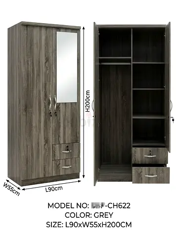 Grey 3-Door Wardrobe with Mirror & Drawers L90 x W55 x H200 cm