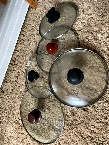 Set of 5 Glass Pot Lids with Various Knobs - Used
