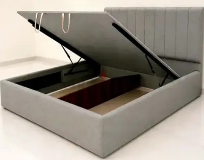 Upholstered Storage Bed with Gas-Lift Ottoman - King Size, Light Grey