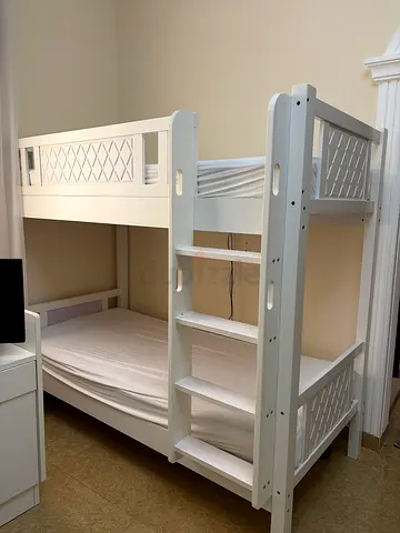 White Wooden Bunk Bed with Ladder - Good Condition with mattress