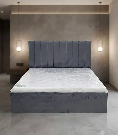 Grey Velvet Double Bed with Padded Headboard - Good Condition