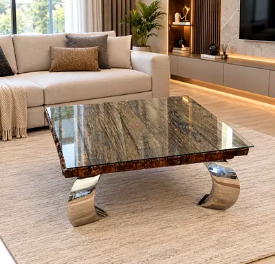 Marina Home Railway Wood Square Marble Top Coffee Table with Curved Chrome Legs