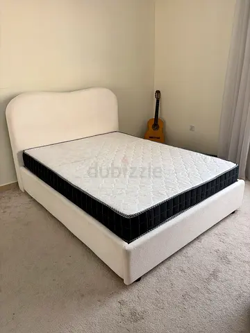 Queen size upholstered bed frame with mattress - good condition