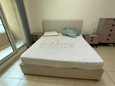 Beige Fabric Double Bed with Headboard and Matching Nightstands