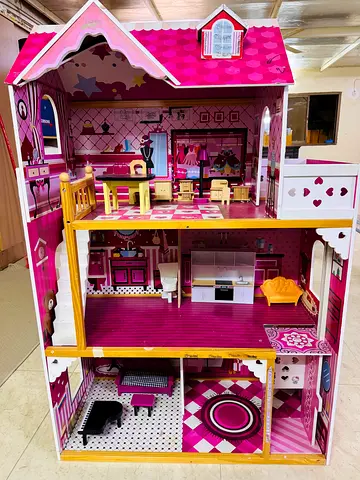 Large Wooden 3-Storey Dollhouse with Furniture - Pink