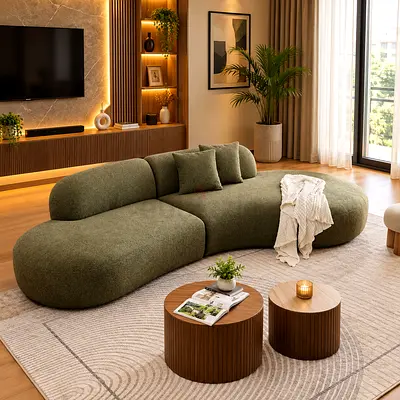 Brand new Modern curved olive-green fabric sofa — comfortable 3-seater lounge