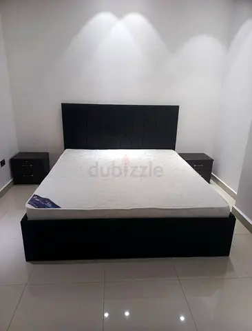 Black Fabric Double Bed with Mattress and Two Bedside Tables