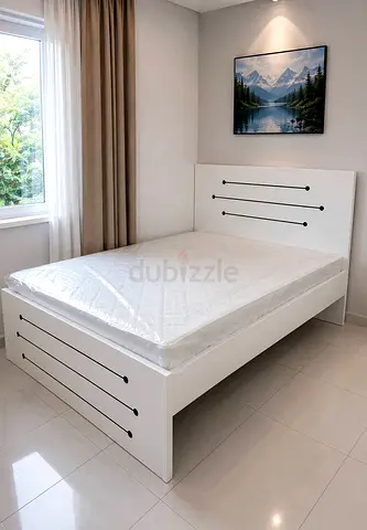 New White Wooden Double Bed with Headboard and New Mattress