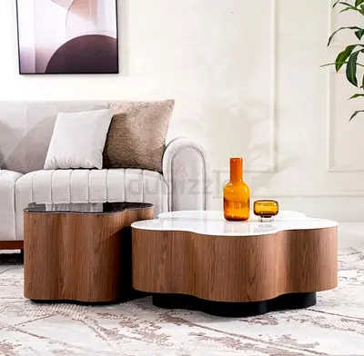 Modern Nesting Coffee Tables - Wood Finish with White Top (Set of 2)