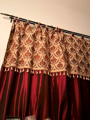 Burgundy Satin Curtains with Decorative Valance and Tassels - 2 pairs & panels. Negotiable