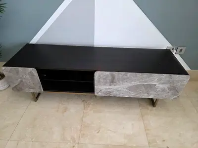 Hastings tv unit Cabinet with Marble-Effect Doors, Black Top