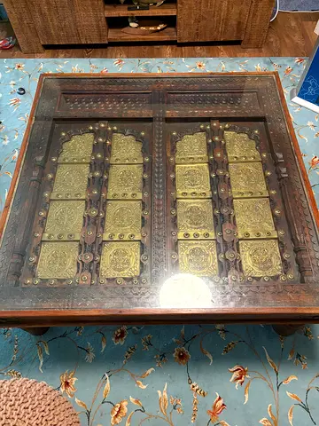 Large Antique Hand-Carved Solid Wood Indian Door Coffee Table, Brass Panels, Glass Top