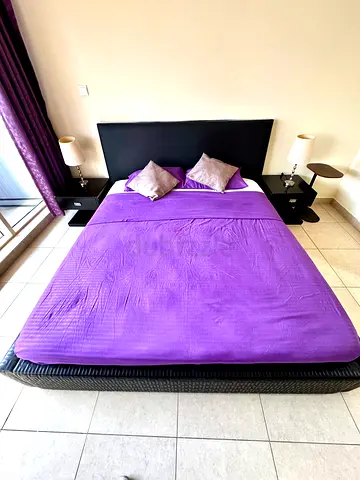 King bed frame with headboard and Medicated Mattress with two bedside tables - good condition