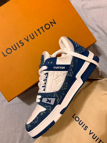 Louis Vuitton Trainer Sneakers, White/Navy Denim Monogram