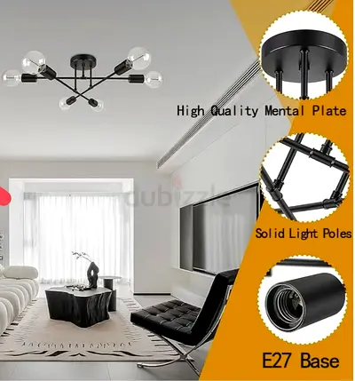Modern Industrial 6-Arm Ceiling Light Fixture with E27 Bulb Bases - Black