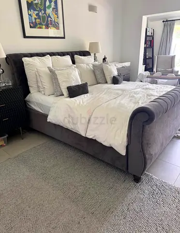 Grey Upholstered Sleigh Bed with Headboard and Footboard - Queen/King