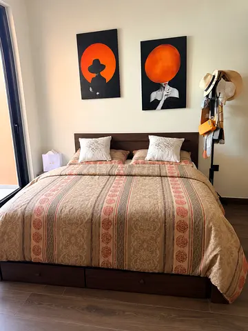 Queen bed frame with under-bed drawers and mattress - great condition with side and dressing table