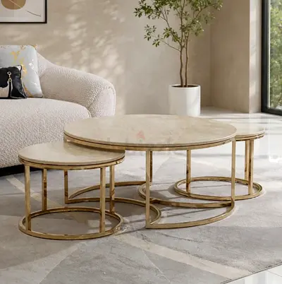 Set of 2 Marble Top Nested Coffee Tables with Gold Frame