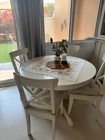 IKEA ROSENTORP White Round Dining Table with 4 Crossback Chairs - Compact Set