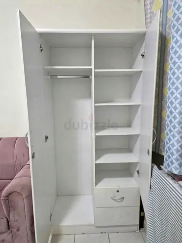 White 2-Door Wardrobe with Shelves and Drawer - Good Condition