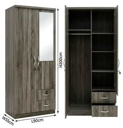2-Door Wardrobe with Mirror and Drawers - 90x55x200 cm, Dark Wood