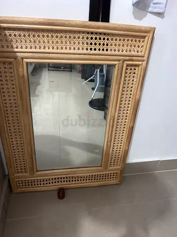 Large Wooden Framed Wall Mirror with Cane Detailing